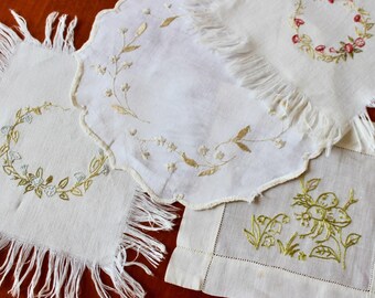 vintage napperon en lin société broderie sous-verres quatre lin main or argent rouge vert céleri dessous de verre lot mélangé bourdons