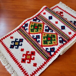 Vintage Handwoven Table Runner Ethnic Bold Wool Bright Red Black Beige Green Brown Fringe Rug 40 Inch image 8