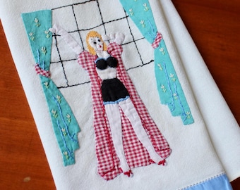 Vintage Linen Towel Applique Embroidery Risque Madeira Padded Breasts Girl Woman Stretching Window Naughty Gingham Robe