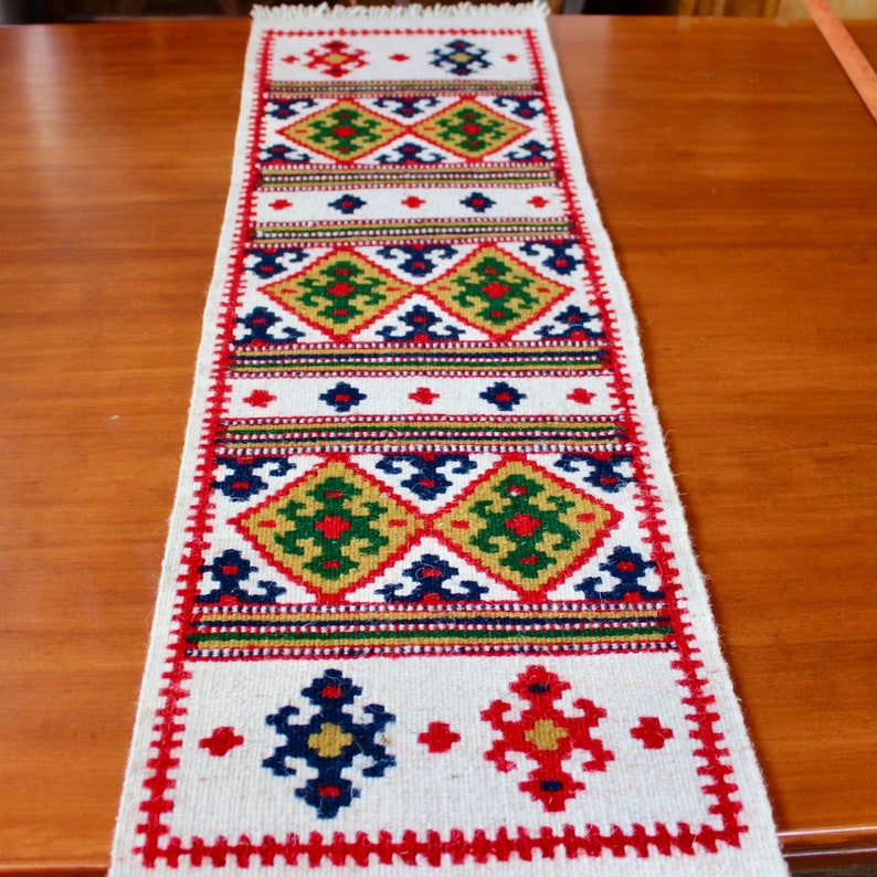 Vintage Handwoven Table Runner Ethnic Bold Wool Bright Red Black Beige Green Brown Fringe Rug 40 Inch image 10