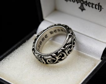 925 Sterling Silver Gothic Scroll Engraved Ring, Retro Punk Style, CH Jewelry