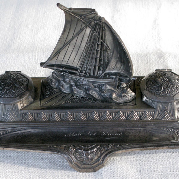 Double French Inkwell, Dunkirk French Ship Inkstand, Encrier, Ink Well, Ink Stand, Spelter Inkwell,  Desk Top Items (591)