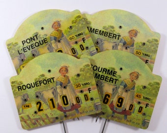 Franse kaas Markers, Set van vier Franse kaas Markers, Camembert, Pont LEveque, Roquefort, Fourme D Ambert Markers (601)