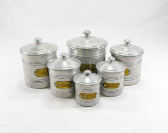 Six bocaux de rangement pour cuisine vintage en aluminium, français, bocaux de rangement français en aluminium, Kitchenalia, bocaux de rangement, boîtes de rangement (550)