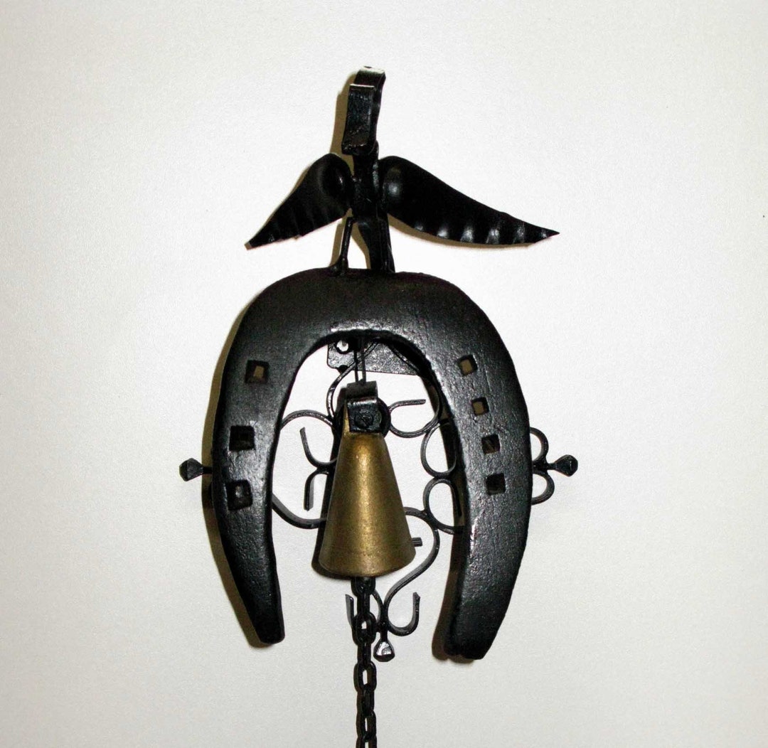French Wrought Iron Door Pull, Horseshoe and Bird Door Bell, Brass Bell