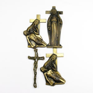 Quatro placas de bronze, placas religiosas, montadas na parede, placa de parede, placa de parede francesa, placa de parede de bronze religiosa, religião (185)