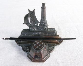 French Ship Inkstand, Ship Inkwell, Ship and Lighthouse Inkstand, French Encrier, InkWell, Ink Stand, Spelter Inkwell,  Desk Top Items (601)