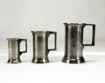 Set of Three  Antique Yvelines Brenu of Paris Pewter Measuring Jugs, Three Measuring Small Tankards, Antique Measuring Jugs, (354)