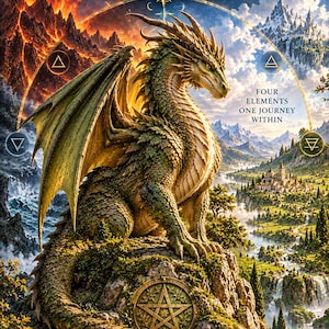 Könnte beinhalten: Eine Dragon Realms Tarot Kartendeck-Box mit einem großen grünen Drachen auf einem Felsvorsprung. Das Cover zeigt den Text Dragon Realms Tarot, Four Elements One Journey Within und Pontikomana sowie Elementarsymbole und ein zentrales Pentagramm.