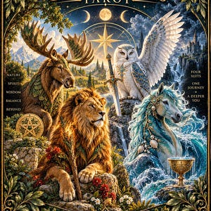 Może przedstawiać: Pudełko kart tarota Mythical Creatures z łosiem, lwem, sową z mieczem i niebieskim koniem ze złotym kielichem. Okładka zawiera tekst "MYTHICAL CREATURES TAROT", "NATURE SPIRIT WISDOM BALANCE BEYOND", "FOUR SUITS ONE JOURNEY A DEEPER YOU" oraz "by PONTIKOMANA".