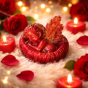 Puede incluir: Una vela roja con forma de querubín y alas doradas descansa en una base roja en forma de nido, rodeada de rosas rojas, pétalos y velas rojas en forma de corazón encendidas. El fondo presenta luces suaves y borrosas, creando un ambiente romántico.