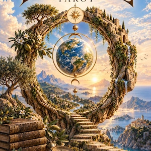 Pode incluir: Uma capa de livro intitulada The Impossible Tarot por Pontikomana apresentando um grande arco de pedra emoldurando um globo suspenso, uma escadaria de pedra, uma bússola e uma pilha de livros antigos contra uma paisagem costeira ao pôr do sol.