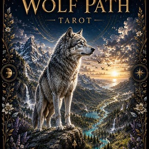 Op de afbeelding: Een tarotkaartendoos getiteld The Wolf Path Tarot door Pontikomana met een grijze wolf op een rotsachtige klif die uitkijkt over een bergvallei met een rivier, watervallen en een zonsondergang, omlijst door gouden bloemen- en hemelmotieven.