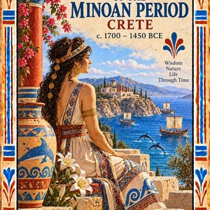 Może przedstawiać: Pudełko na karty Tarot of the Minoan Period Crete przedstawiające osobę w sukni we wzory siedzącą obok dużego malowanego wazonu z motywem delfina. Tło ukazuje nadmorski krajobraz ze statkami i delfinami. Tekst zawiera tytuł oraz by PONTIKOMANA.