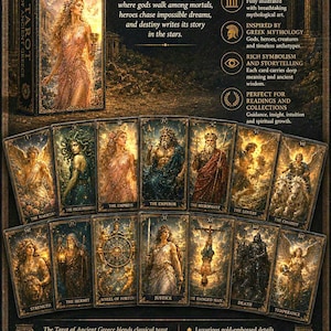 Op de afbeelding: Tarotdeck van het oude Griekenland met goudkleurige details. De kaarten bevatten illustraties van Griekse goden en mythologische figuren. De doos en kaarten hebben een premium uitstraling en gevoel.