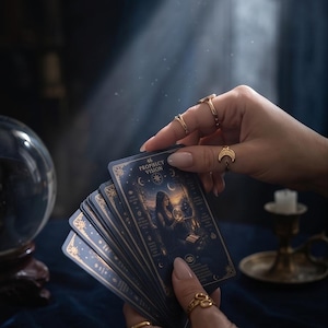 May include: A hand holding a deck of tarot cards against a dark blue backdrop. The cards display illustrations and the text "46 Prophecy Vision". Gold rings are worn on the fingers. A crystal ball and candle holder are visible.