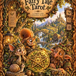 Pode incluir: Uma caixa de cartas de tarot intitulada Crooked Fairy Tale Tarot por Pontikomana. A capa apresenta uma floresta fantástica com um esquilo, um caracol e duas figuras tipo gnomo em torno de um pentáculo dourado. Texto: Small Things Grow Great Worlds.