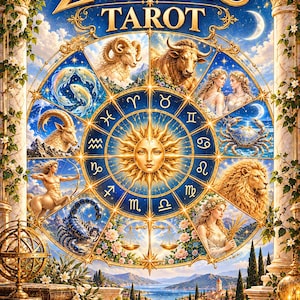 Może przedstawiać: Pudełko kart Zodiac Tarot z centralną twarzą słońca otoczoną dwunastoma znakami i symbolami zodiaku. Ilustracja przedstawia barana, byka, bliźnięta, raka, lwa, pannę, wagę, skorpiona, strzelca, koziorożca, wodnika i ryby. Tekst głosi Zodiac Tarot by Pontikomana.