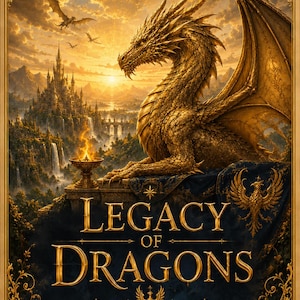 Puede incluir: Una caja rectangular de cartas de tarot titulada Legacy of Dragons que muestra un dragón dorado posado en una repisa de piedra con vistas a un castillo y al atardecer. La cubierta azul oscuro incluye un emblema de fénix dorado, un borde ornamentado y el texto: 78 Cards A Journey Through Fire and Destiny.