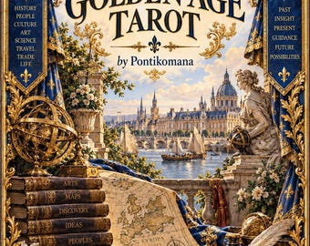 Può includere: Il Golden Age Tarot di Pontikomana presenta una cornice ornata blu e oro con cherubini, una pila di libri etichettati Arts, Maps, Discovery, Ideas, Peoples, Kingdoms, una mappa dell'Europa, un globo e una vista di una città con barche a vela.