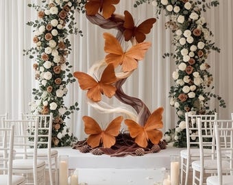 Handmade Set of 6 Terracotta Paper Butterflies,Floating Ceiling Installation with Silk Ribbons for Boho Bridal Event Styling,Wedding Display