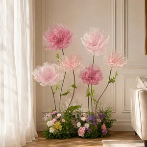 Handmade 6 Pcs Giant Pink Silk Organza Floor Flowers,Original 67" Tall Garden Party Aisle Decor,Wedding Backdrop Photo Prop,Window Display