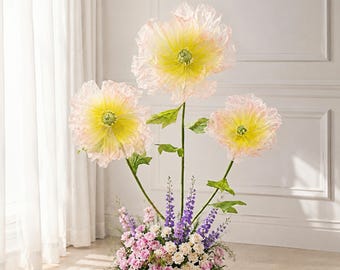 Artifical 3/Set Pinklish Yellow Silk Poppies,Handmade Free Standing Giant Floral Arrangement for Garden Wedding Background,Bridal Styling.