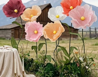 Luxury Handmade Mixed Paper Poppies Set of 7,Boho Garden Wedding Aisle Backdrop Arrangement for Bridal Event Styling.