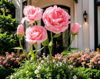 Artifical Set of 5 Pink Crepe Paper Roses,Handcraft Free Standing Giant Floral Arrangement for Wedding Display,Home Event,Birthday Party.
