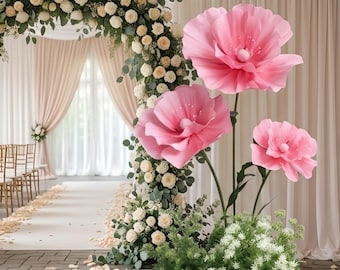 Handmade Set of 3 Pink Crepe Paper Poppies,Free Standing Giant Floral Decor for Wedding Aisle Decor,Baby Shower,Grad Ceremony Backdrop Prop.