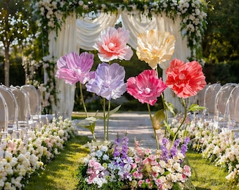 Artifical 6/Set Colorful Crepe Paper Poppies,Handmade Free Standing Floral Arrangement for Wedding Background Display,Birthday Party Decor.