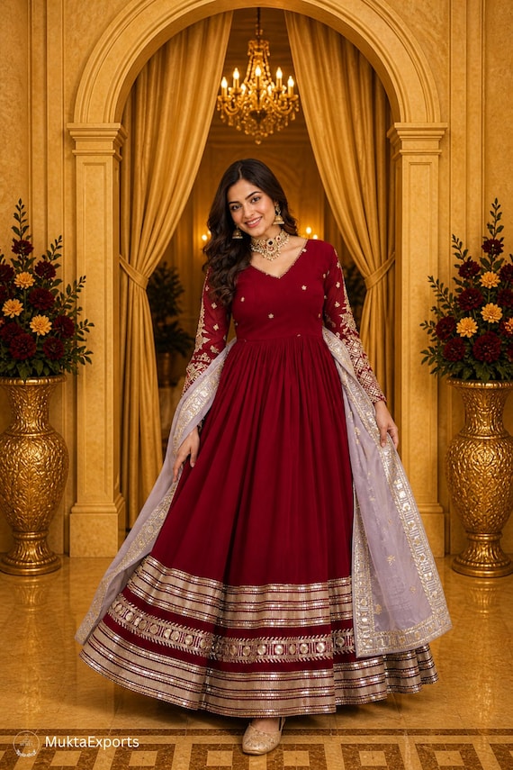 designer anarkali dress for wedding Gown with Dupatta, Party Wear Gown Women, Festive Indian Outfit Swatch:#B5D8D9 SADIE BUTTON UP DENIM Color:_Sierra Red anarkali suit design