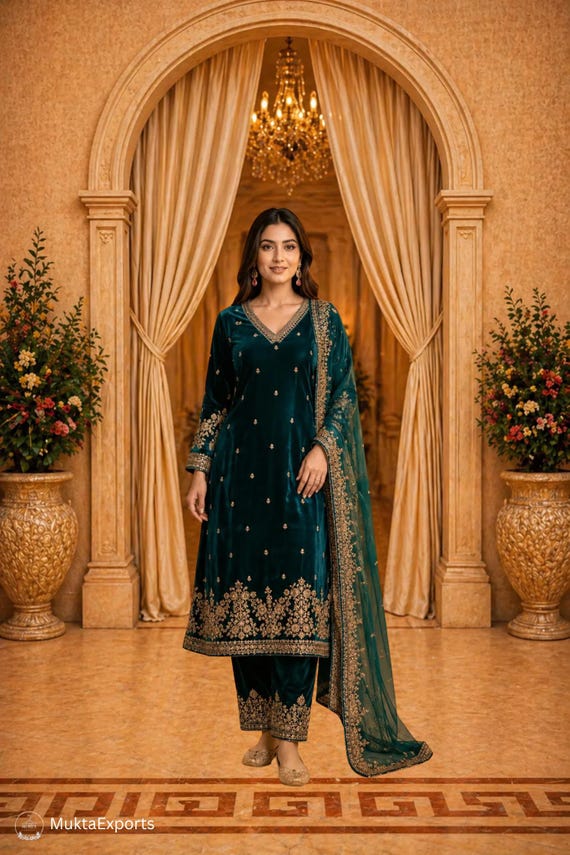Rama Green Velvet Embroidered Suit Set  | Wedding & Festive Ethnic Outfit