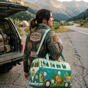 Op de afbeelding: Een turquoise en witte doorgestikte reistas in de vorm van een vintage busje, voorzien van geborduurde bloemen- en bosmotieven, een vredesteken en een schouderriem. De tas wordt gedragen bij een verweerde bruine leren jas met diverse patches.