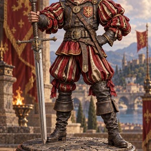 Könnte beinhalten: Eine detaillierte Figur eines Soldaten in historischer Kleidung mit rot-cremefarbenem geschlitztem Wams, passender Hose und einem breitkrempigen Hut mit Federn. Die Figur hält ein langes Schwert und steht auf einem runden Steinsockel.
