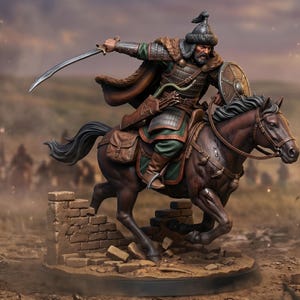 Peut inclure: Figurine détaillée d'un guerrier à cheval, maniant un sabre incurvé. La figurine est vêtue d'une armure avec une cape doublée de fourrure et un bouclier. Le cheval est brun, et la scène se déroule dans un paysage désertique.