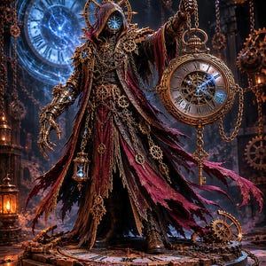 Può includere: Una figura con una tunica con cappuccio rosso scuro e nera, decorata con ingranaggi e catene in oro metallizzato. La figura indossa una maschera con quadrante d'orologio e tiene in mano un grande orologio da taschino dorato con catena.