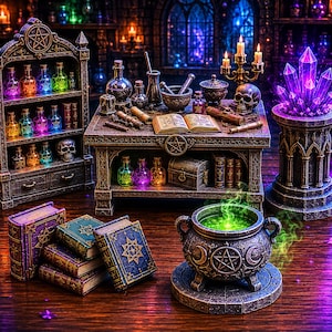 Pode incluir: Um conjunto de estudo de mago em miniatura com uma estante alta cheia de frascos de poções brilhantes, uma mesa de madeira com um livro de feitiços aberto, pergaminhos, um crânio, um almofariz e pilão, um pedestal de pedra com cristais roxos e um caldeirão verde fumegante.