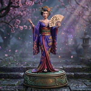 Ethereal Silk Blossom Geisha 3D STL File, Japanese Art Miniature, Elegant Statue