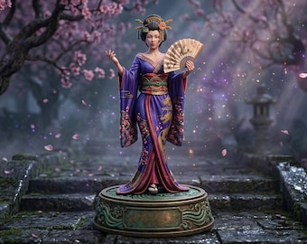 Ethereal Silk Blossom Geisha 3D STL File, Japanese Art Miniature, Elegant Statue