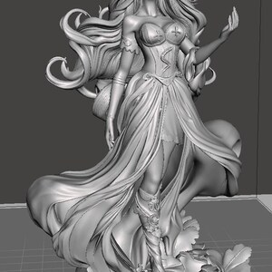 May include: A grayscale 3D-rendered statue of a woman with long, flowing hair and a detailed gown. The figure is standing on a floral base, with one arm raised. The dress has intricate details, and the overall design is elegant.
