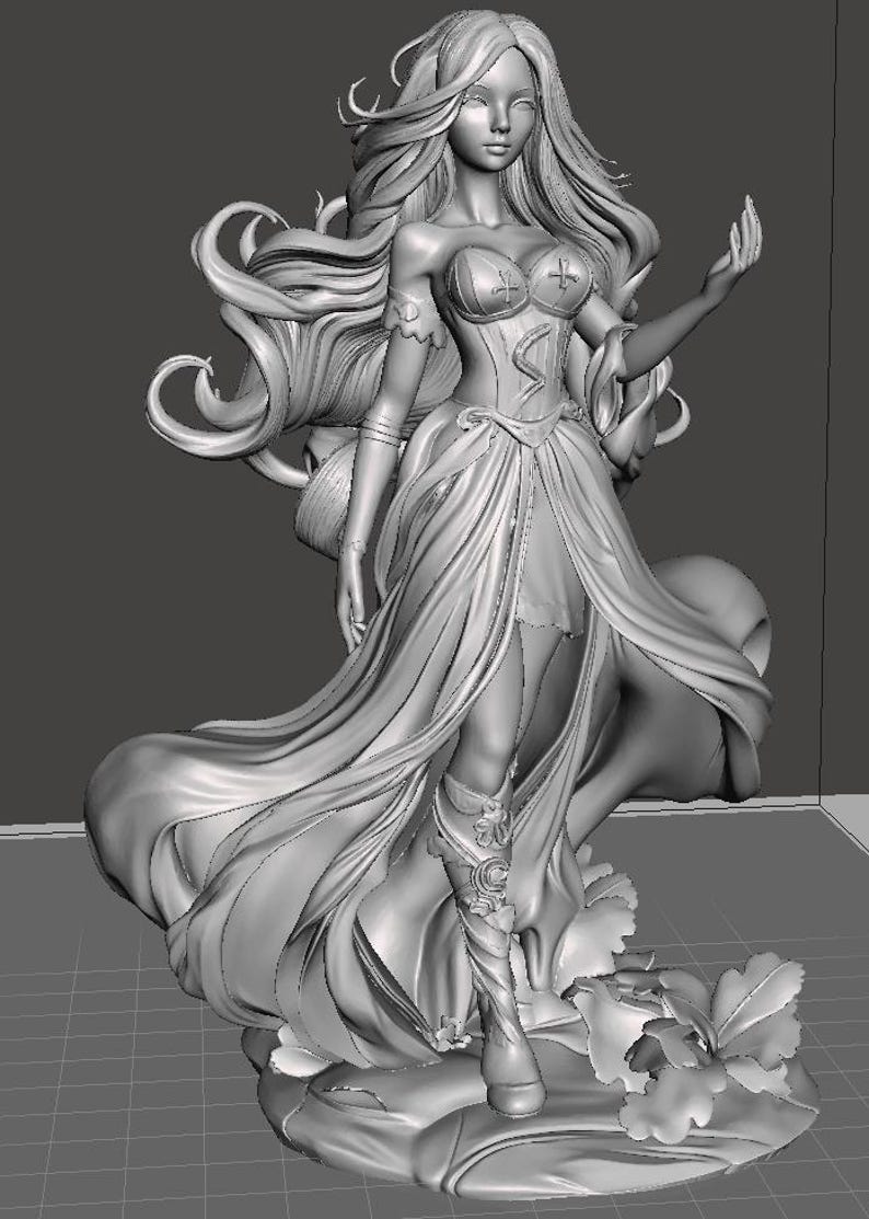 May include: A grayscale 3D-rendered statue of a woman with long, flowing hair and a detailed gown. The figure is standing on a floral base, with one arm raised. The dress has intricate details, and the overall design is elegant.