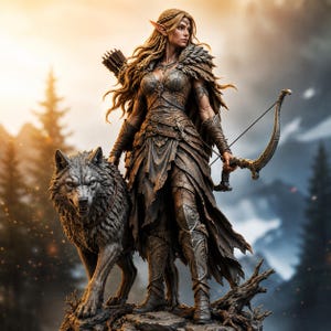 May include: A detailed digital illustration of a female archer with long blonde hair, pointed ears, and ornate armor, holding a bow and arrow. She stands with a large wolf in a forest setting, with mountains in the background. The color palette is muted with earthy tones.