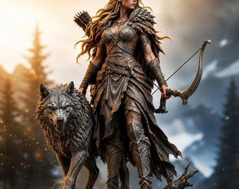 Wolf Huntress STL File, Fantasy Female Archer with Wolf, 3D Printable Miniature, Resin Figure STL, Dark Fantasy Warrior