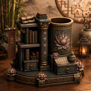 May include: A decorative desk organizer featuring a cylindrical pen holder adorned with a large pink lotus relief, miniature shelves with stacked books, small drawers with ring pulls, and a hanging banner, all finished in muted tones with gold accents.