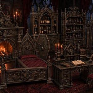 1:12 Vampire Manor Set STL Bundle, Coffin Bed, Blood Cabinet, Gothic Mirror, Bat Fireplace, Writing Desk, Potion Rack
