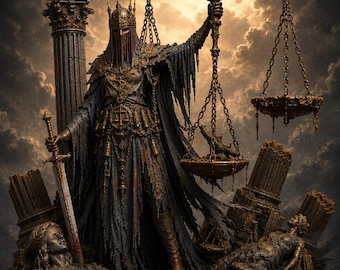 Puede incluir: Una estatua oscura y desgastada de una figura coronada con túnicas andrajosas que sostiene una gran espada y una balanza. La figura se alza entre columnas de piedra rotas y figuras caídas sobre una base circular, con un acabado en bronce.