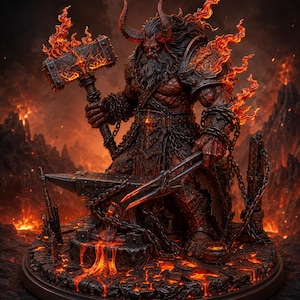May include: A detailed sculpture of a horned demon blacksmith, holding a flaming hammer and tongs. The figure is surrounded by fire and lava, with chains and armor details. The base is a circular platform.