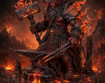 Hellforged Blacksmith STL File for 3D Printing –Demon Forge Master Miniature – Dark Fantasy Lava Smith Resin Statue – Separate Base Included