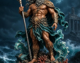 Puede incluir: Una estatua detallada de una figura musculosa con barba larga y corona, sosteniendo un tridente plateado. La figura lleva una armadura dorada, una capa de color verde azulado y se apoya sobre una base decorada con conchas y coral.